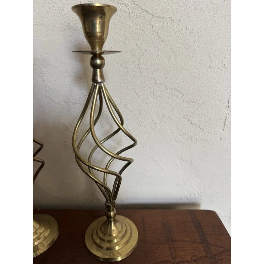 Vintage 1960s-70s Brass Open Spiral Cage Candlestick Holders, Pair‎
